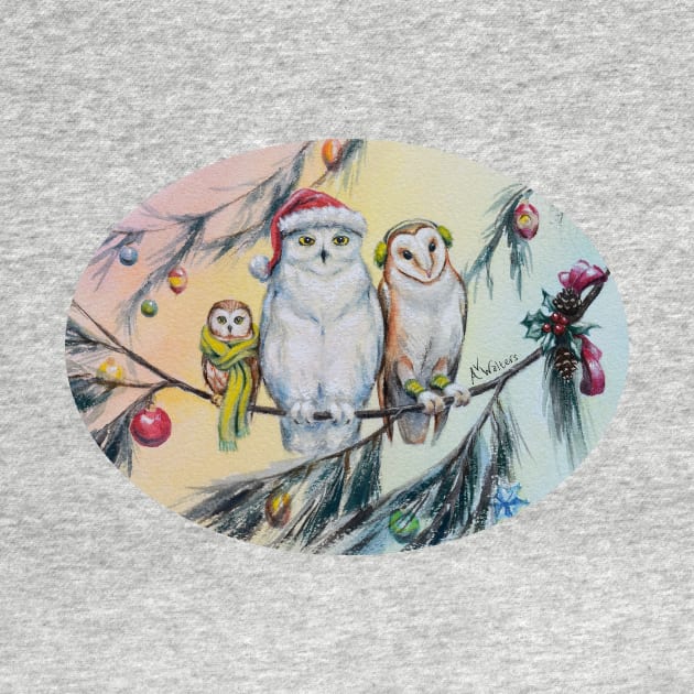 Owl Trio and Christmas Baubles in Fir Trees by AnimalWhimsy